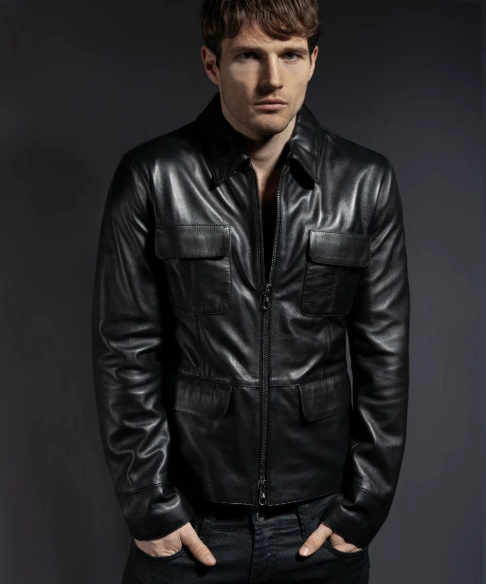 Model wearing black Damon Salvatore leather jacket with utility pockets and zip front style with a modern slim fit