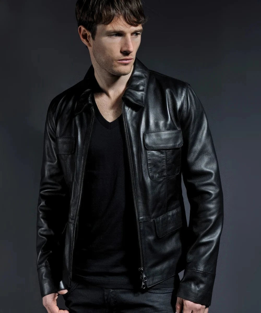 Model wearing black Damon Salvatore 
leather jacket with utility pockets and open front style