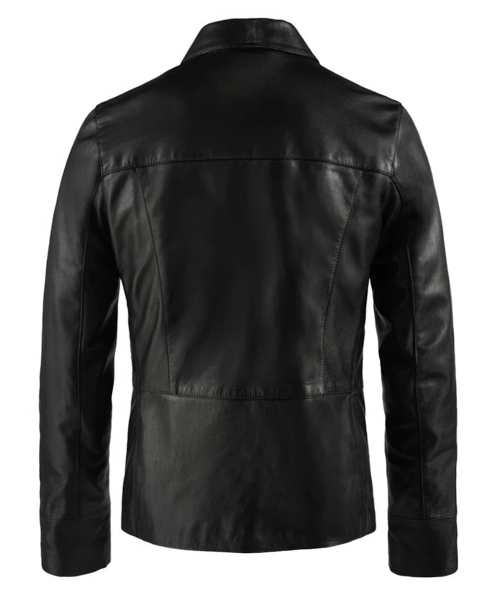 Back view of black Damon Salvatore leather jacket with tailored fit and clean panel design