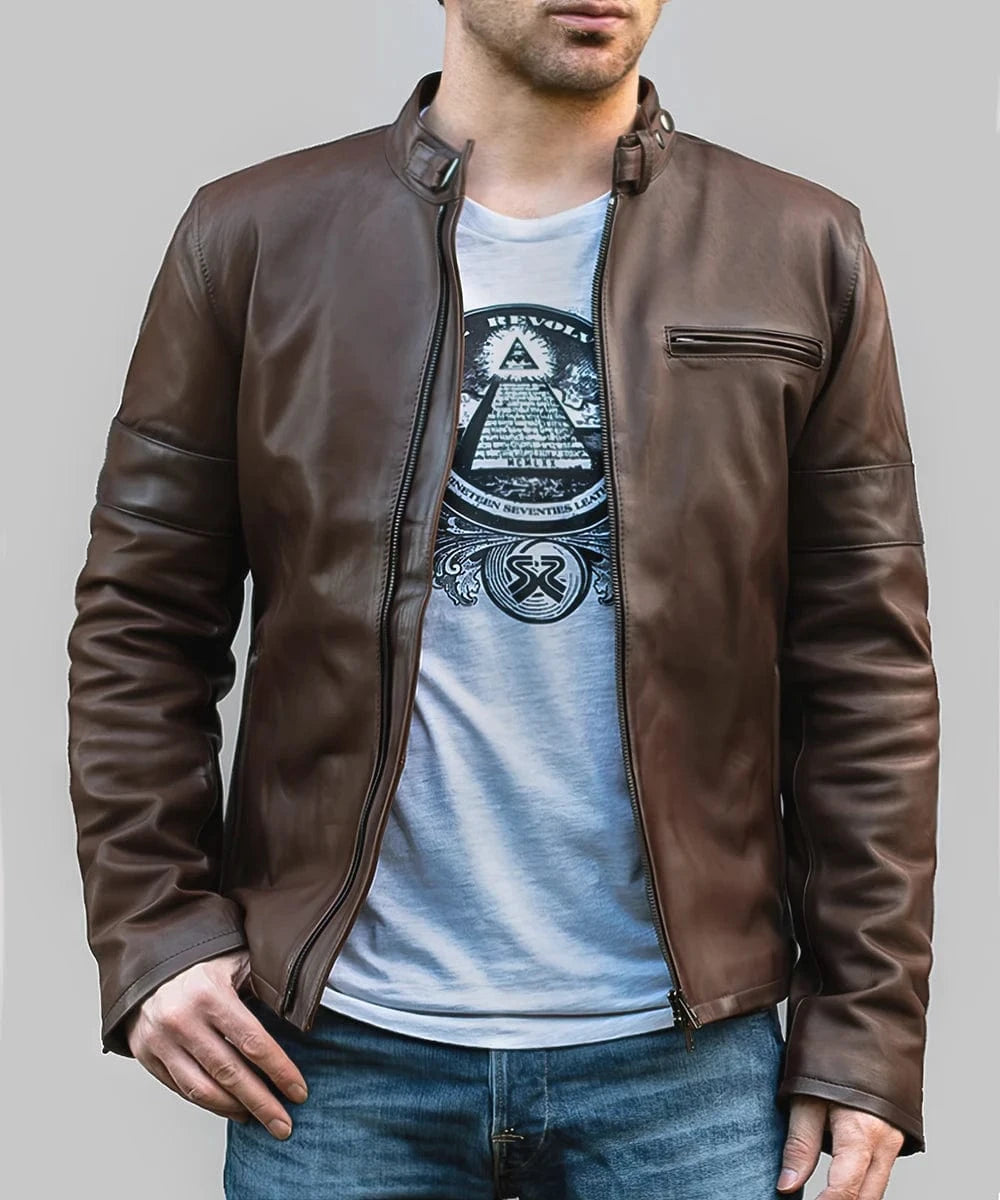 Model wearing brown Daytona leather jacket with buckle collar and slim fit style