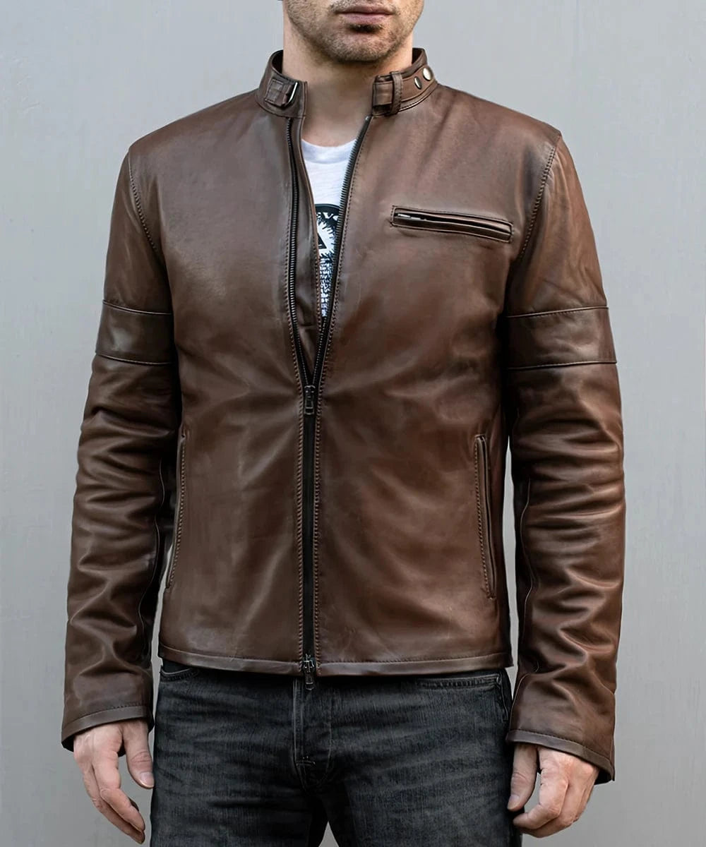 Model wearing brown Daytona leather jacket with buckle collar and zip front style
