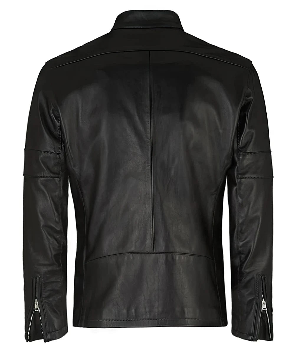 Back view of black Daytona leather jacket with zip cuffs and paneled sleeve detail
