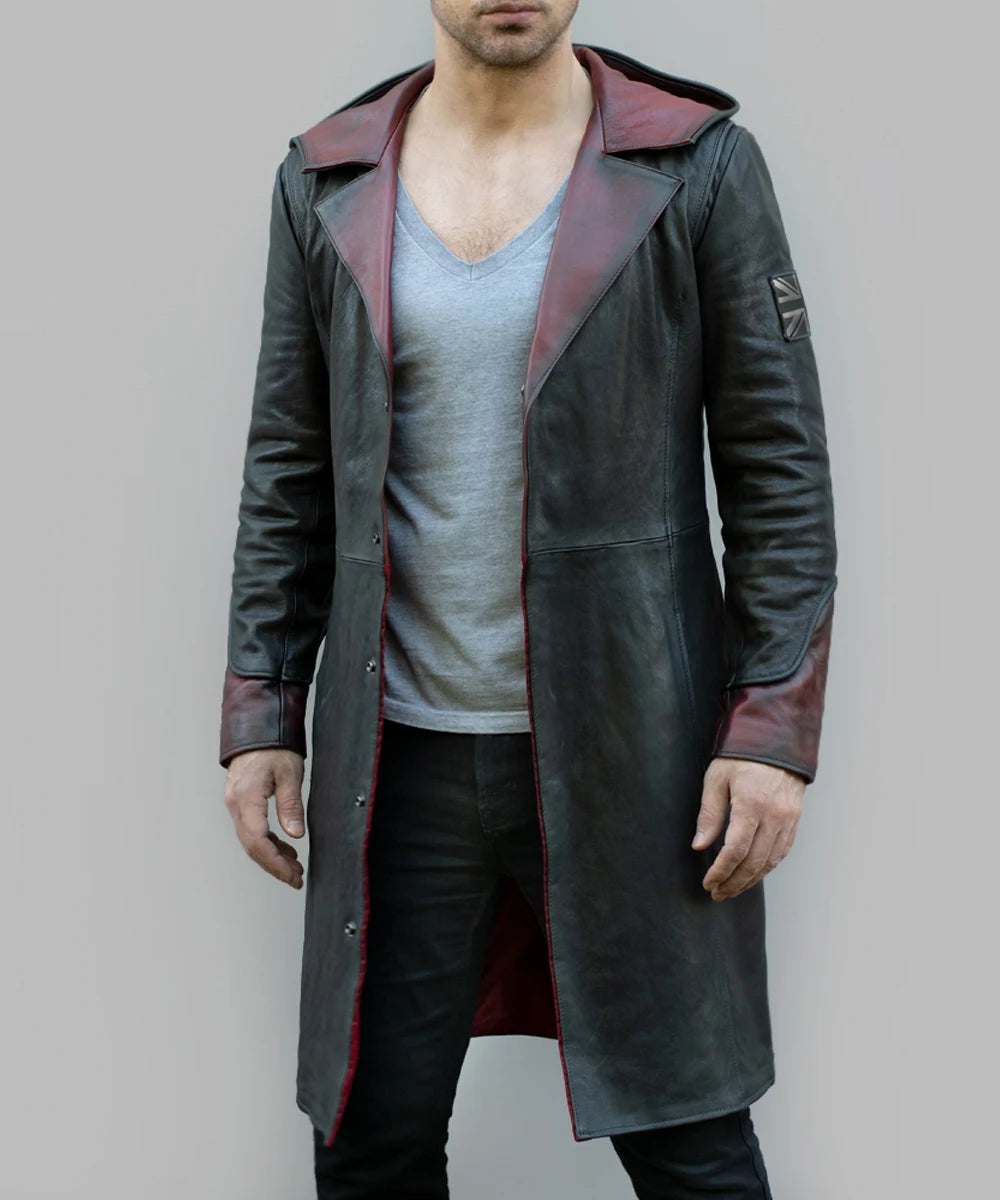 Devil May Cry DMC coat with hood. Grey Italian leather with red details.