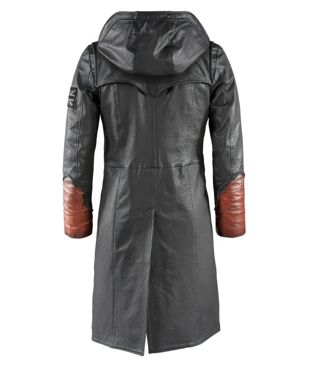 Back view of grey and red Dante DMC5 leather coat with hood and longline fit