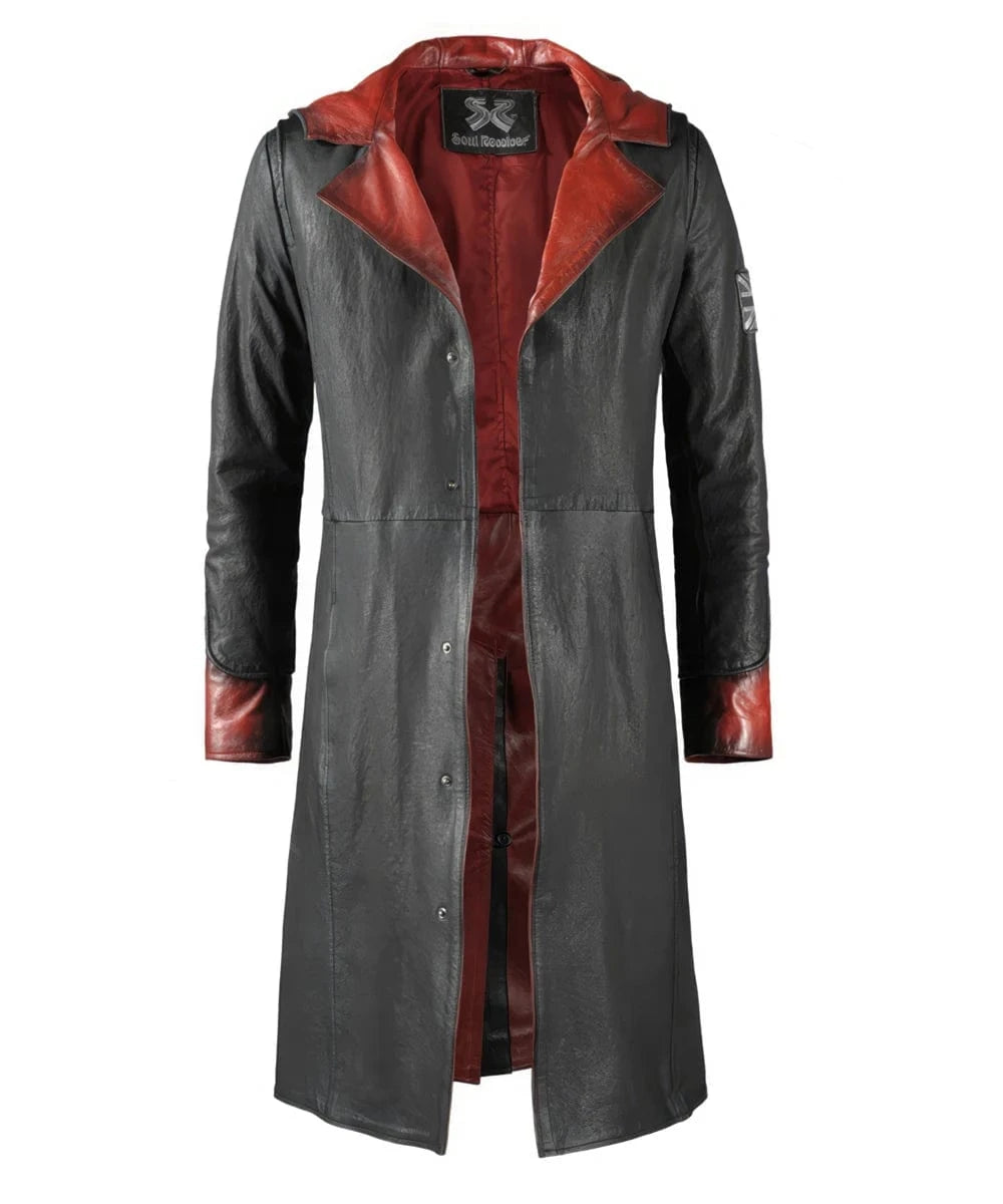 Grey and red Dante DMC5 leather coat with longline fit and open front view