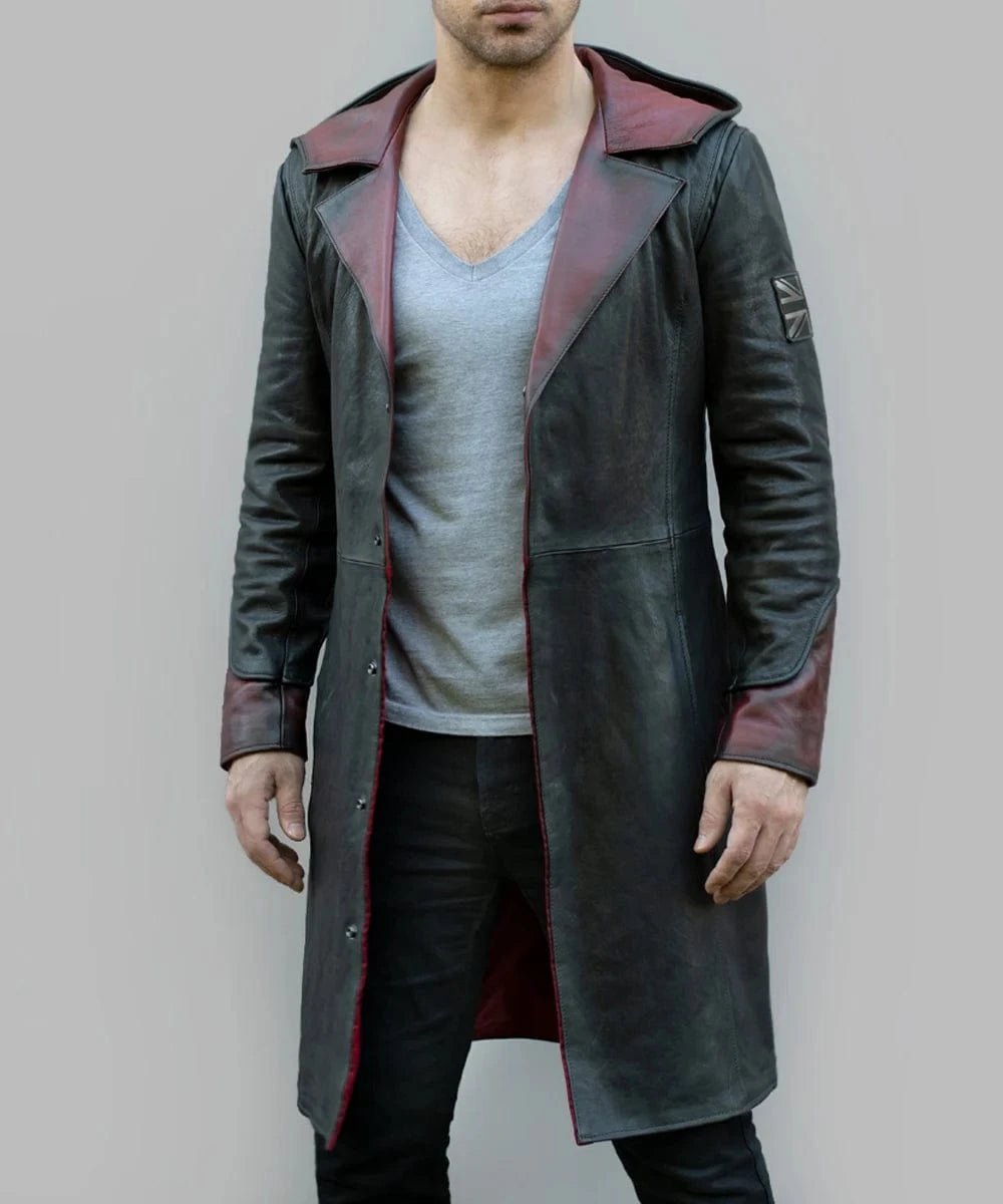Model wearing grey and red Dante DMC5 leather coat with open front and wide lapels