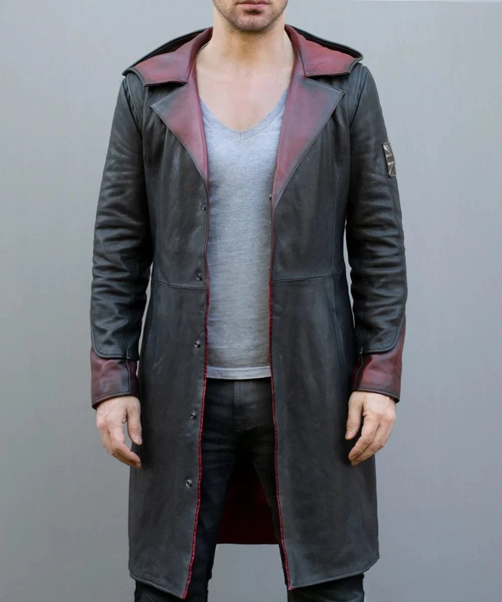 Model wearing grey and red Dante DMC5 leather coat with open front and wide lapels
