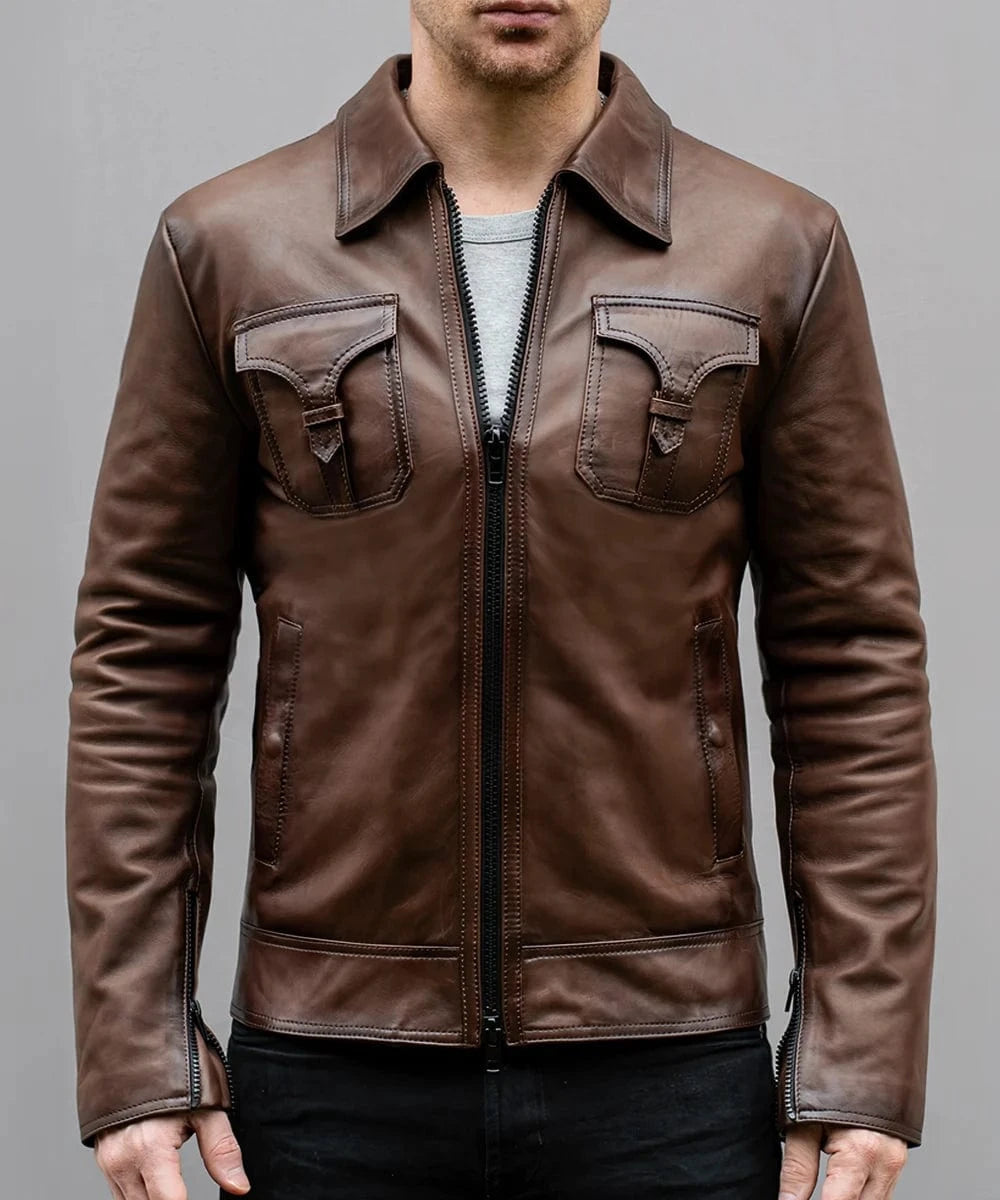 Model wearing brown vintage leather jacket for men with western chest pockets and slim fit silhouette