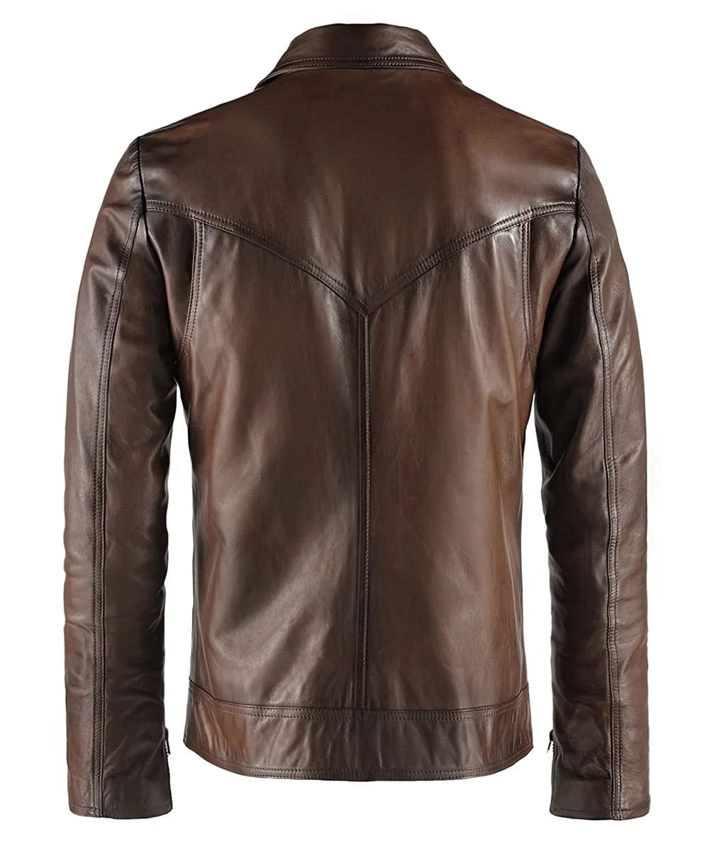 Back view of brown vintage leather jacket for men with western yoke detail and slim fit