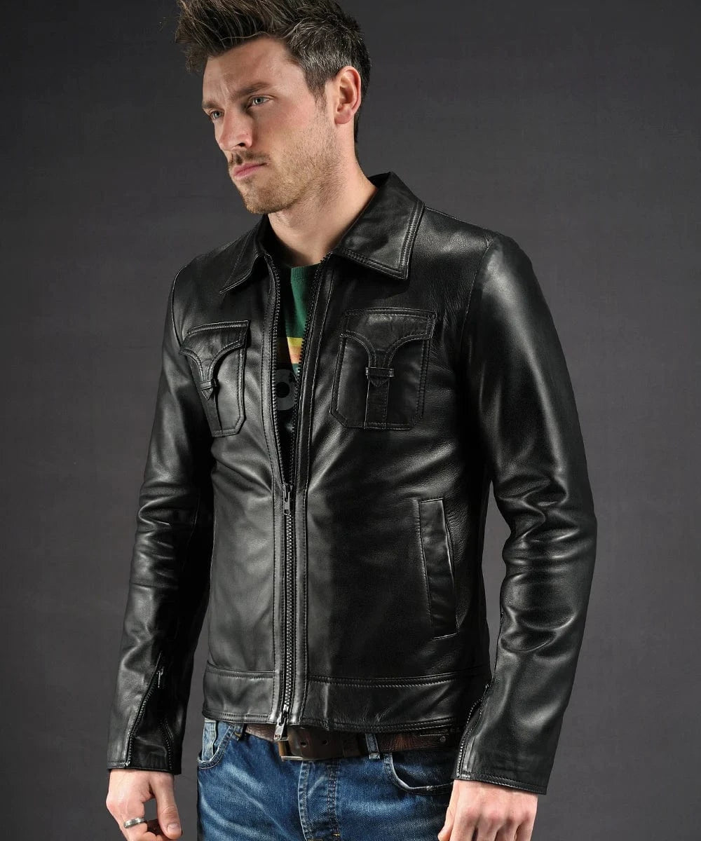 Model wearing vintage style black leather jacket with western chest pockets and slim fit silhouette