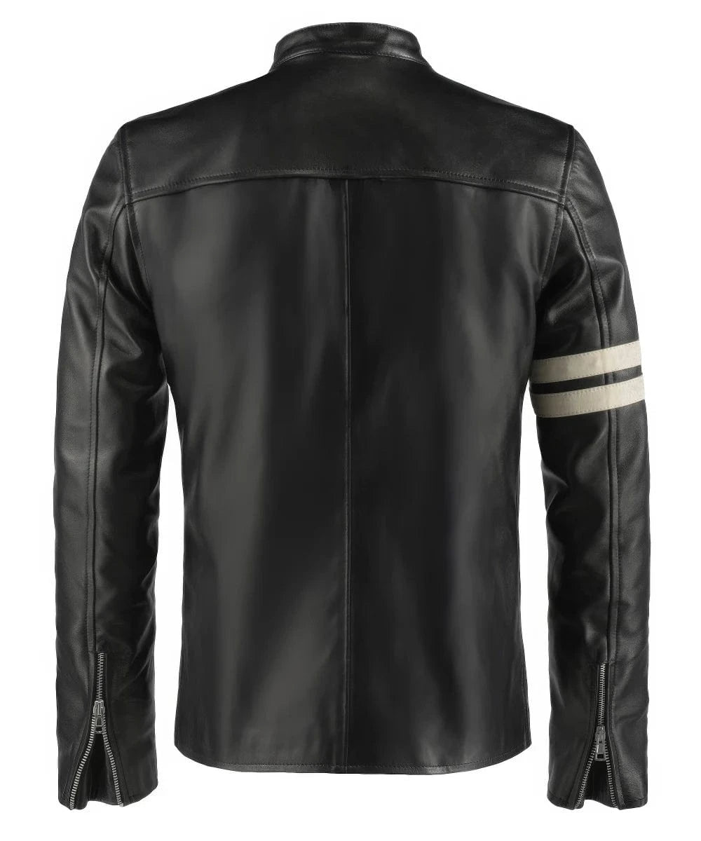Back view of black Driver San Francisco John Tanner leather jacket with white sleeve stripe detail