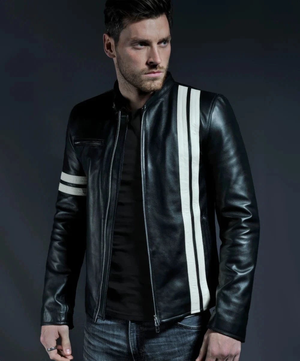 Model wearing black Driver San Francisco John Tanner leather jacket with white racing stripe detail