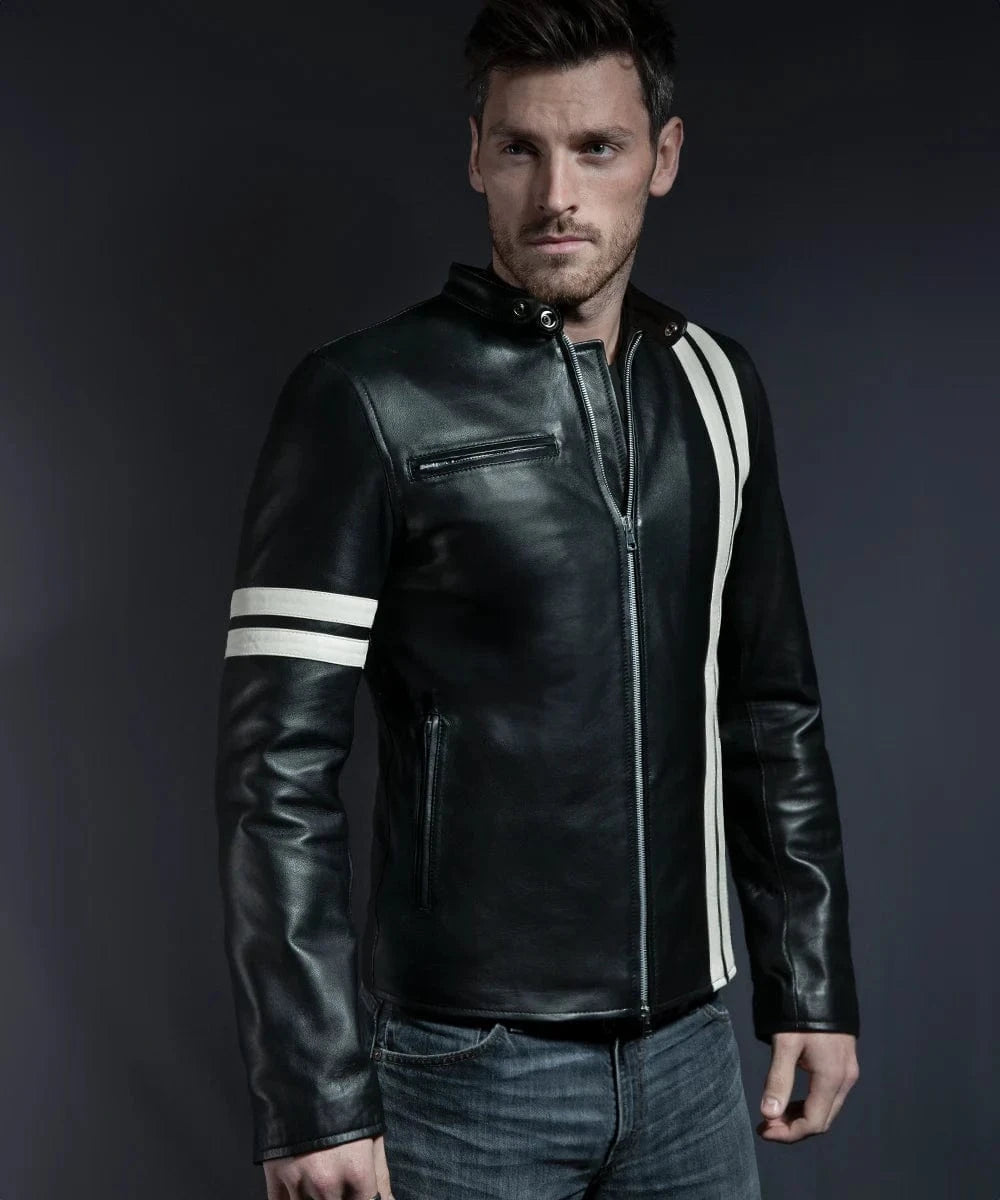 Model wearing black Driver San Francisco John Tanner leather jacket with white sleeve and shoulder stripe detail with a modern slim fit