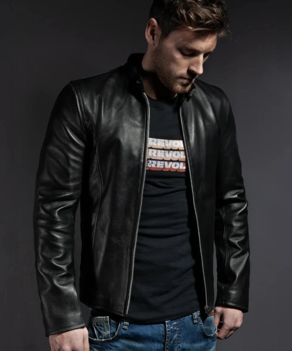 Menâ€™s black leather cafe racer style jacket with vintage inspired styling