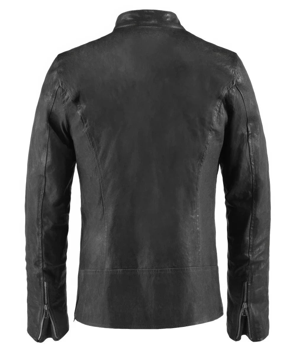 Back view of vintage style grey leather cafe racer jacket for men with fitted seam detailing and zip cuff sleeves