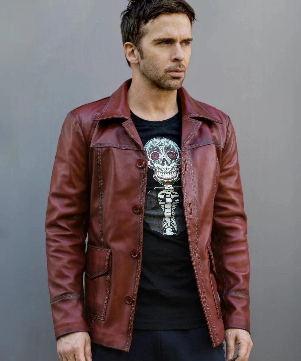 Model wearing Fight Club Tyler Durden replica red leather jacket with antique finish and vintage open front styling