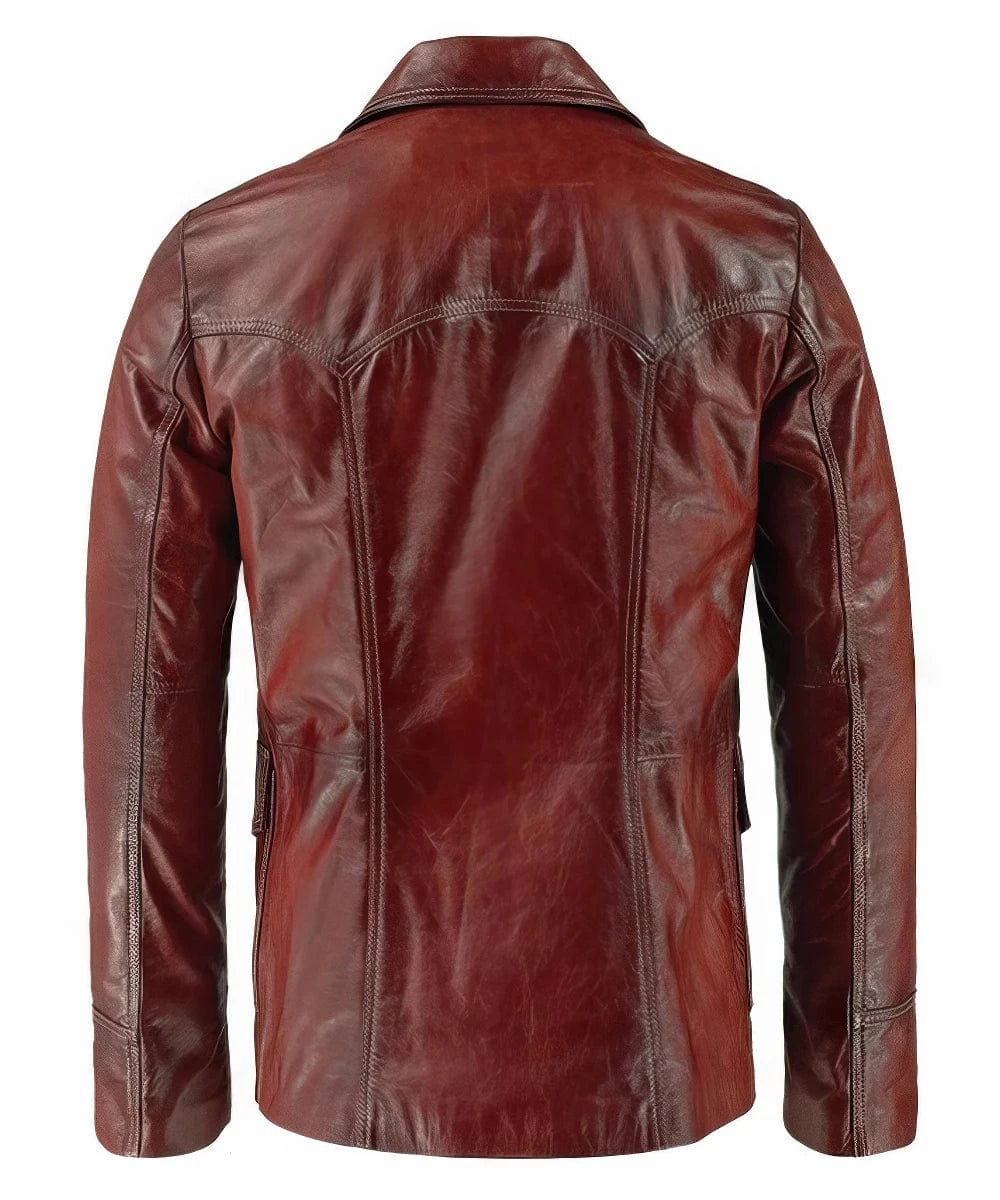 Back view of Fight Club Tyler Durden replica red leather jacket with antique finish and western yoke detail