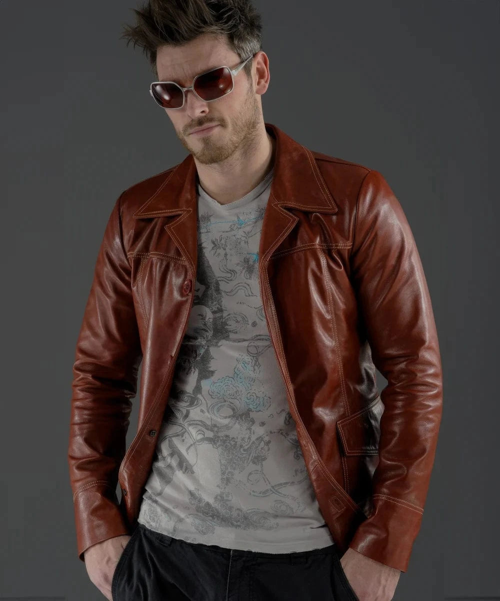 Model wearing Fight Club Tyler Durden replica red leather jacket with vintage open front styling and tinted sunglasses