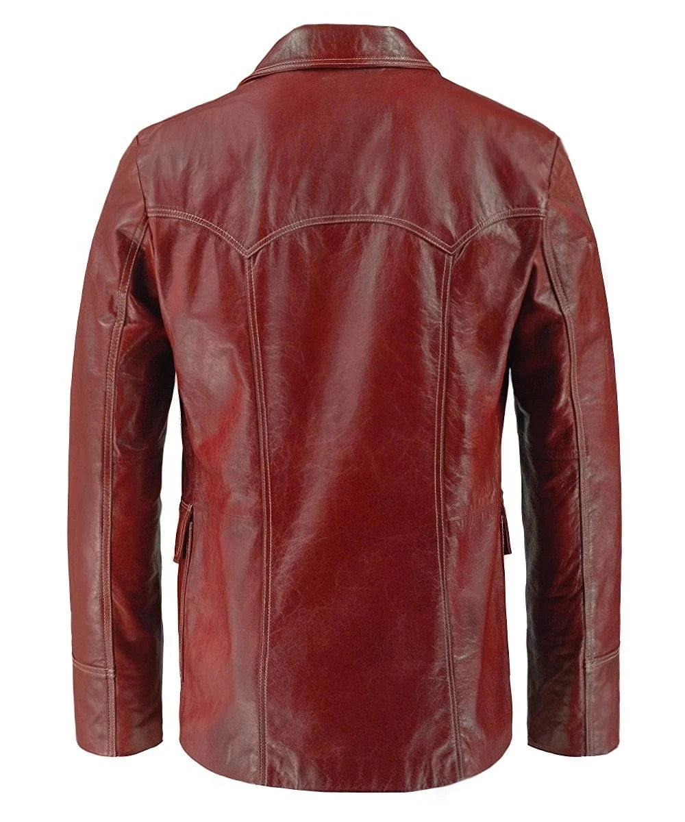Back view of Fight Club Tyler Durden replica red leather jacket with vintage western yoke detail
