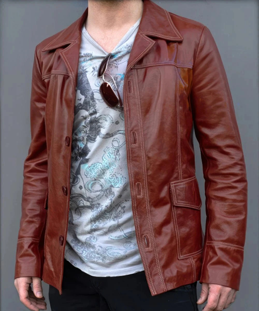 Model wearing Fight Club Tyler Durden replica red leather jacket with vintage open front styling and wide lapel collar