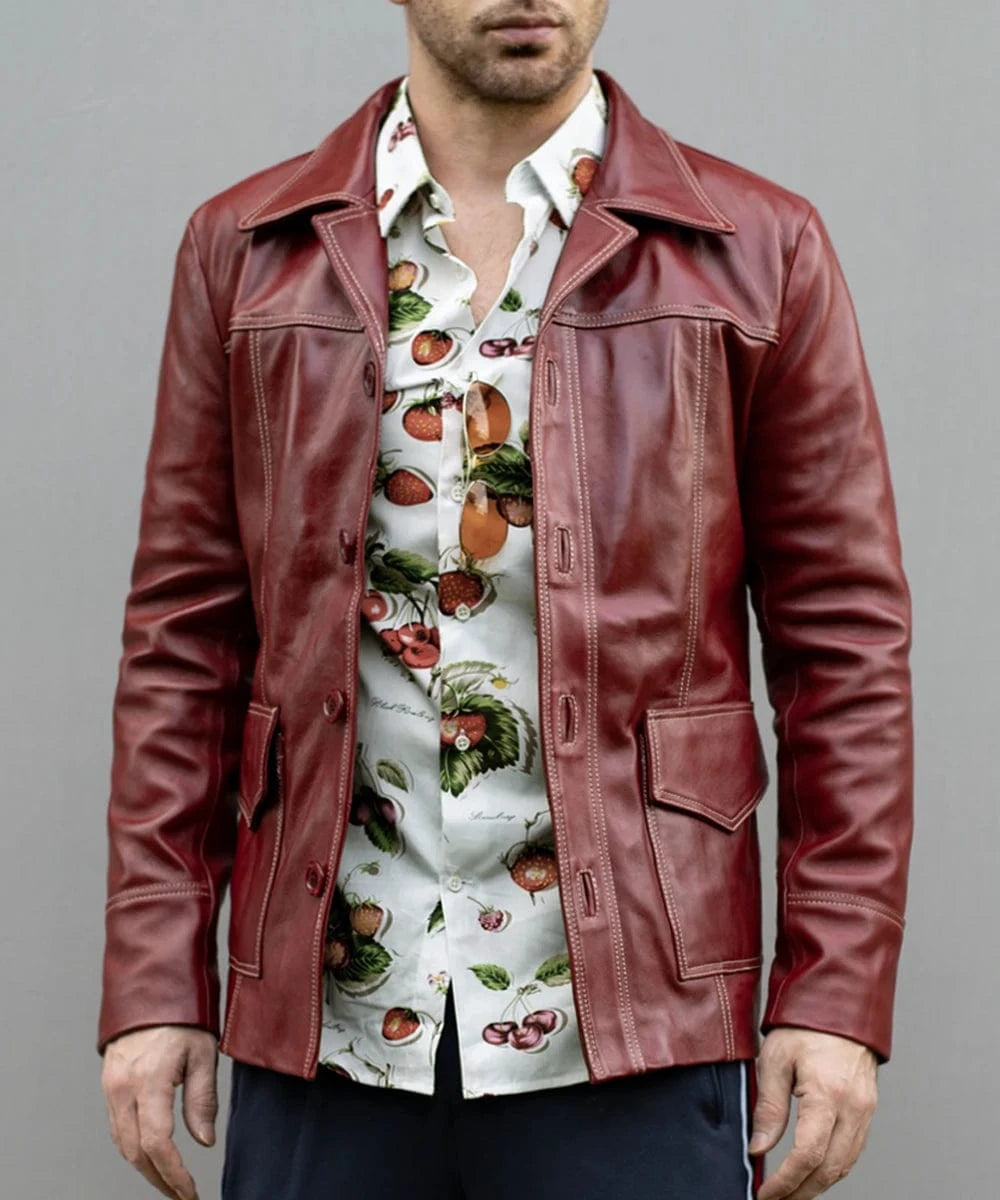 Model wearing Fight Club Tyler Durden replica red leather jacket with vintage button front styling and wide collar detail