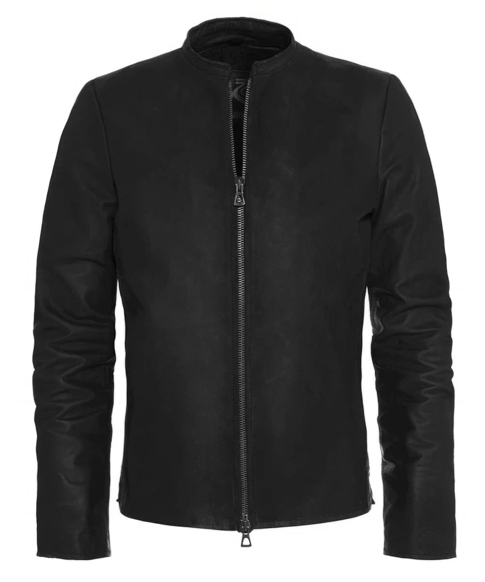 Vintage slim fit black calf leather jacket with clean stand collar and zip front design