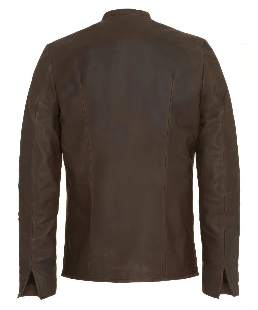 Back view of vintage slim fit brown calf leather jacket with clean rear seam detailing