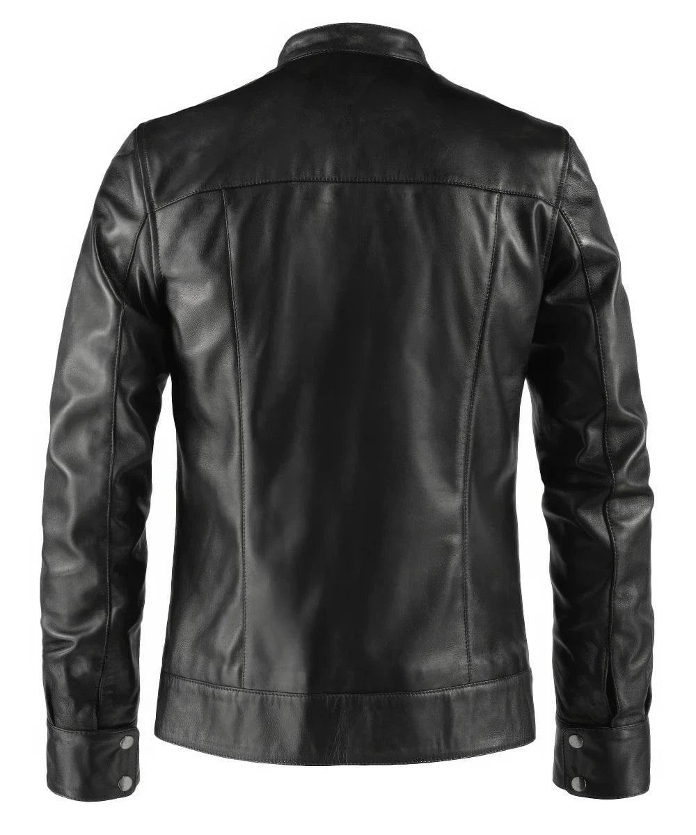 Back view of slim fit black leather cafe racer jacket with clean rear seam detailing and button cuff accents