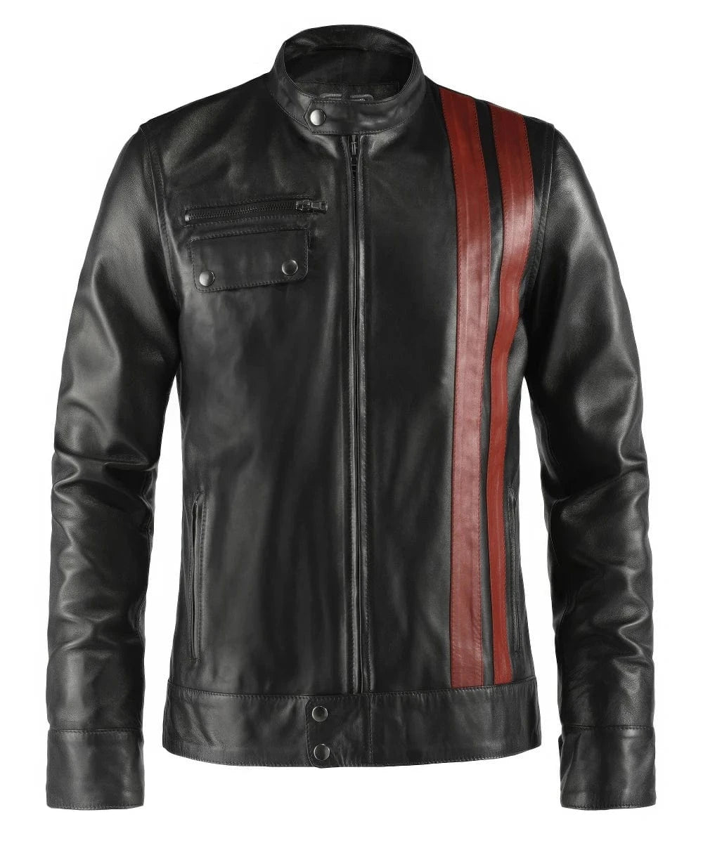 Slim fit vintage style black leather jacket with red stripe detail