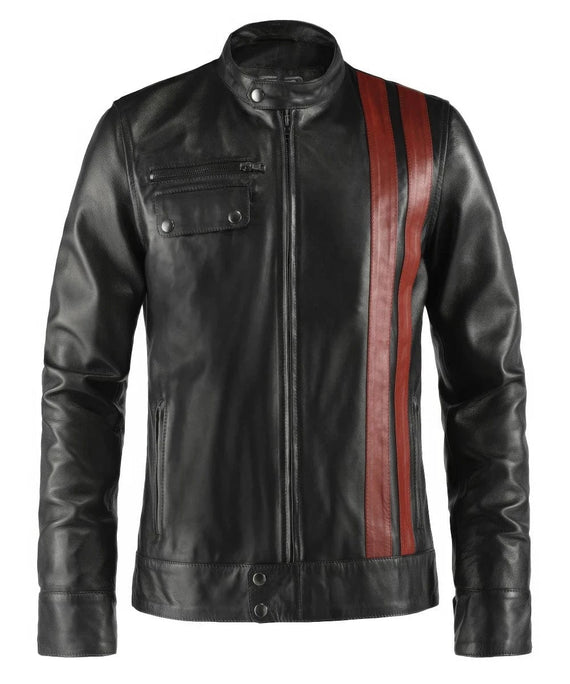 Slim fit vintage style black leather jacket with red stripe detail