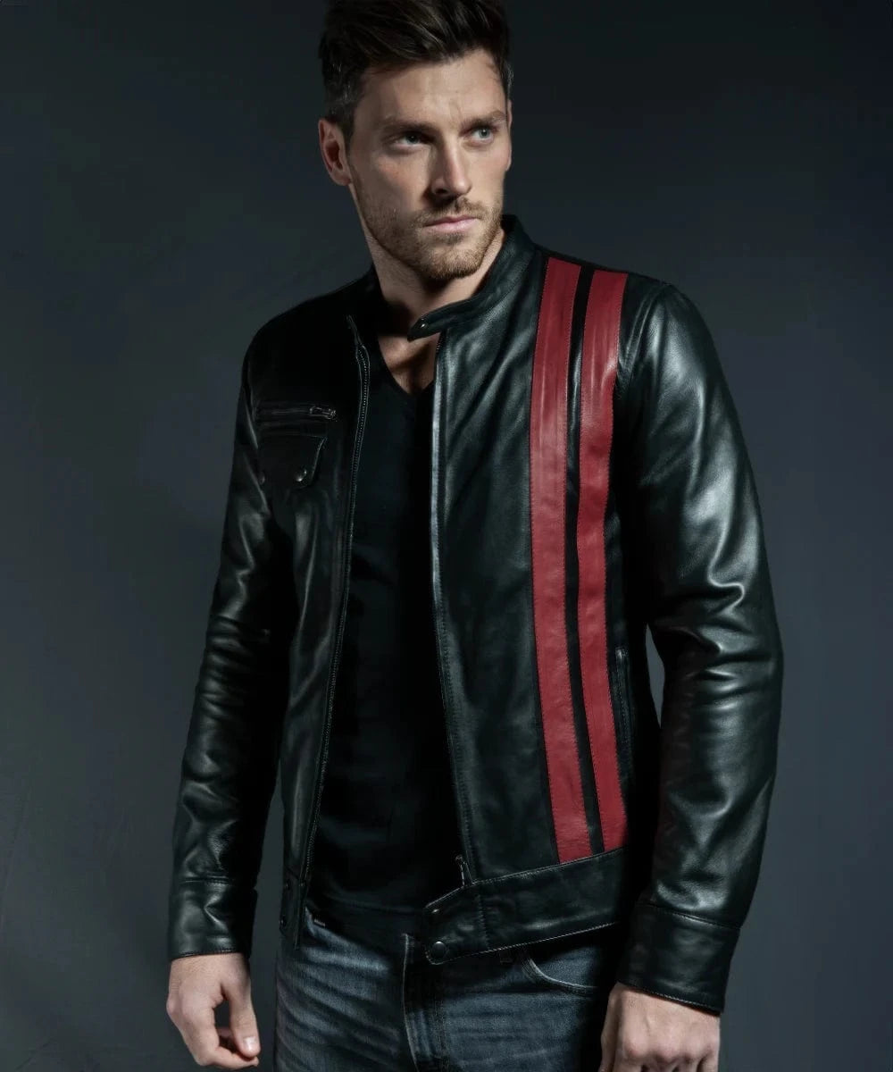 Model wearing slim fit black leather cafe racer jacket with dual red stripe detail and vintage racer styling