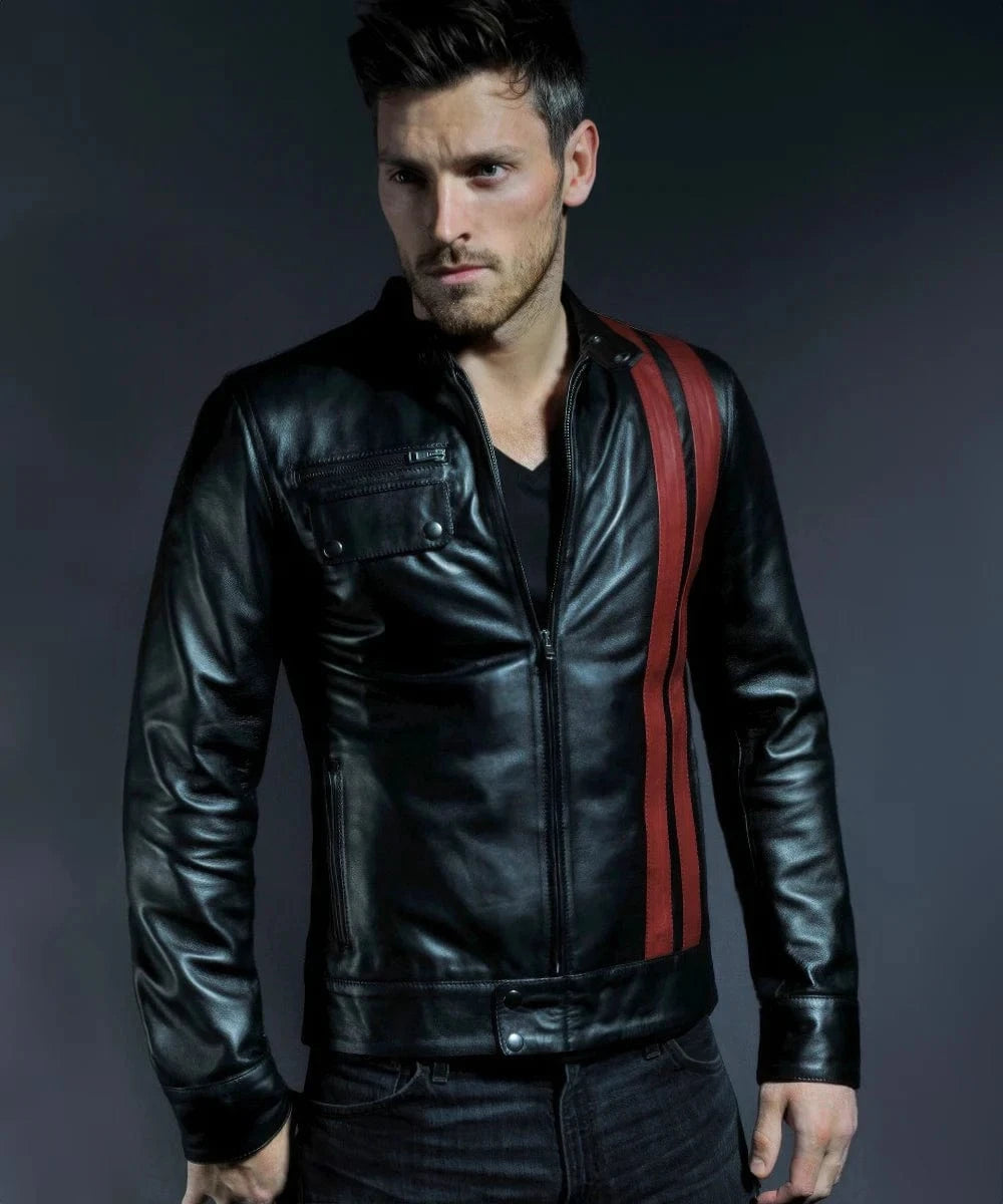 Model wearing slim fit black leather cafe racer jacket with red stripe detail and zip front styling