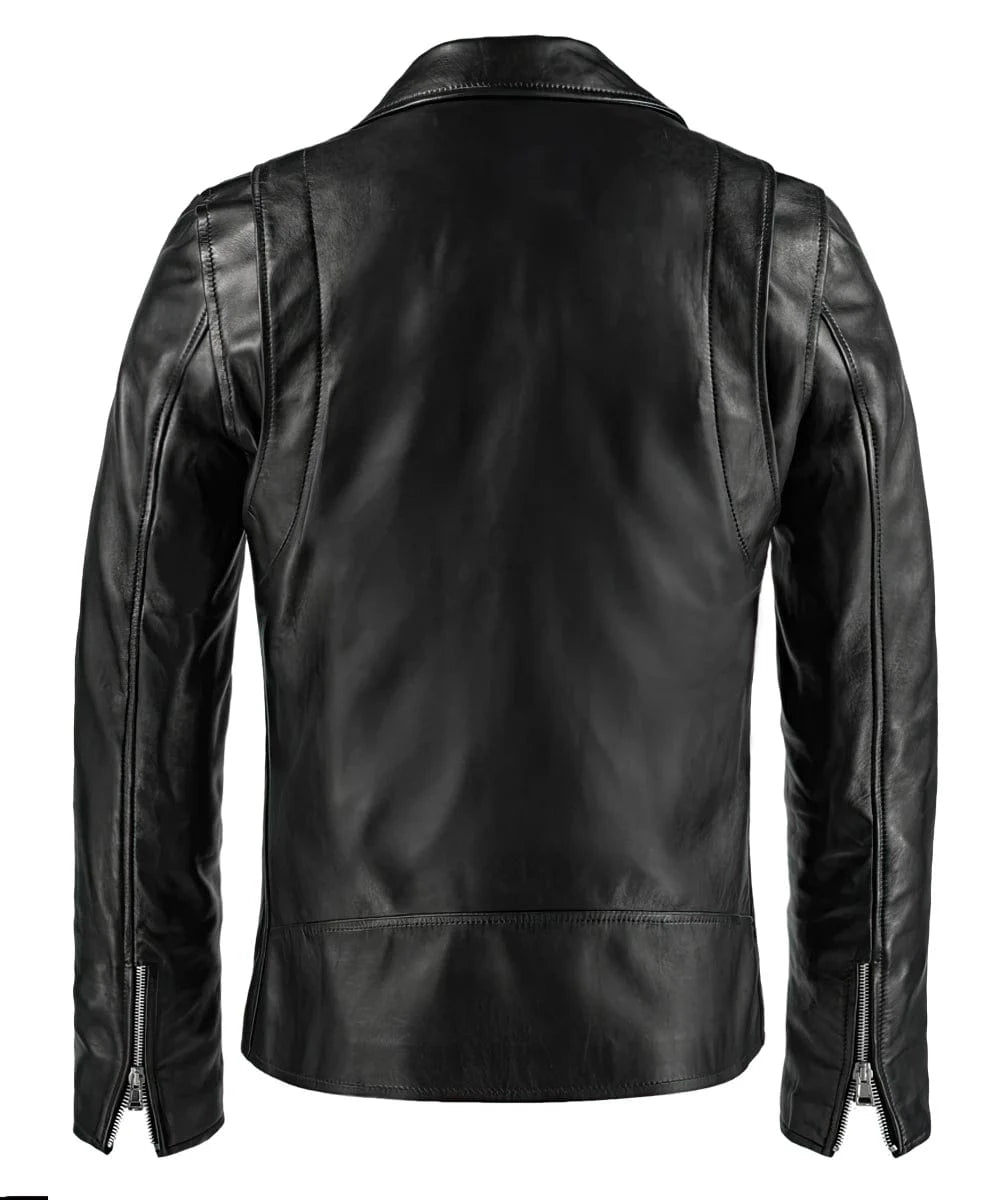 Back view of Ghost Rider black leather biker jacket with clean rear panel detailing and zip cuff accents