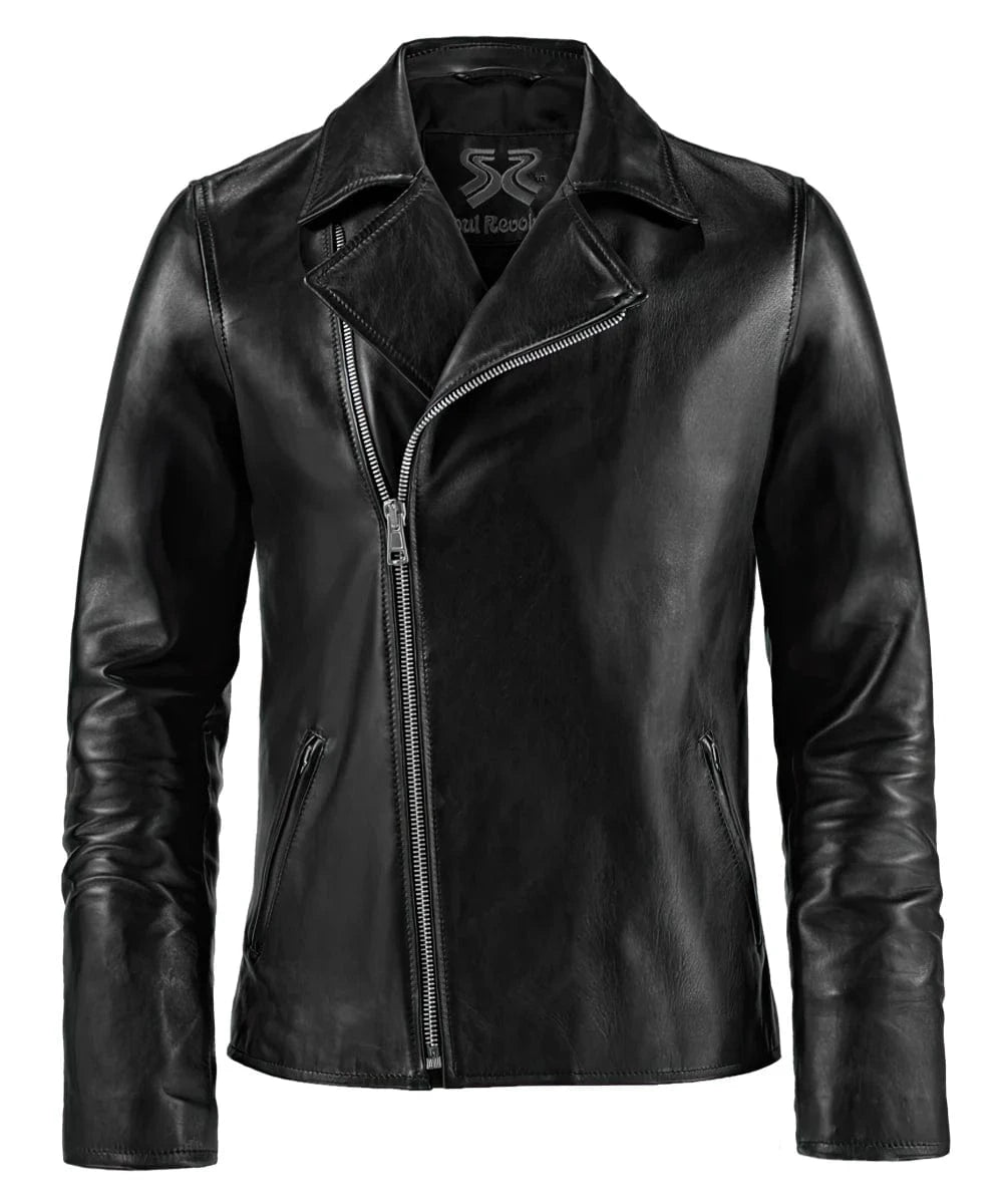 Ghost Rider black leather biker jacket with asymmetrical zip front and vintage moto styling