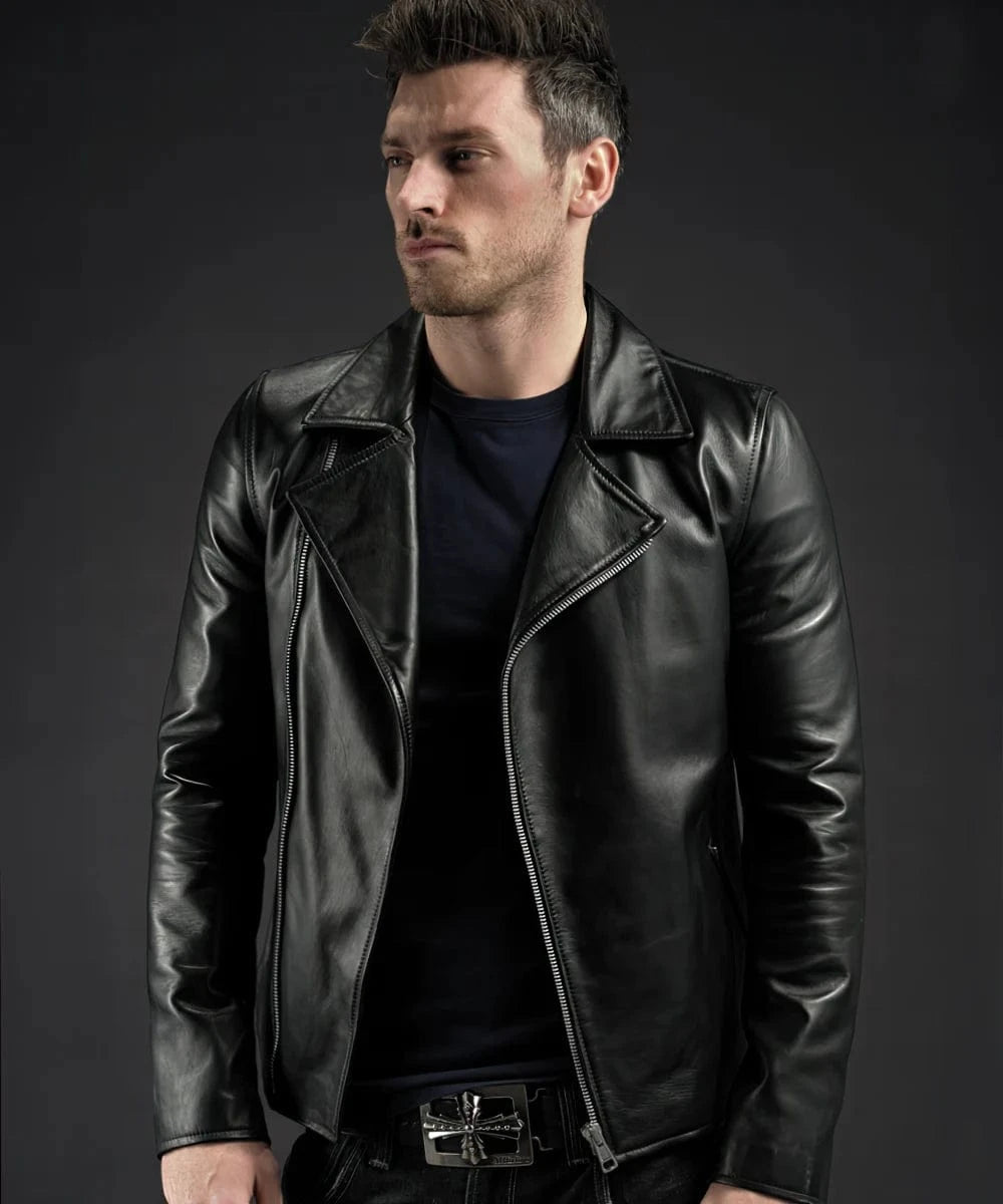 Model wearing Ghost Rider replica black leather biker jacket with asymmetrical zip front and classic moto styling