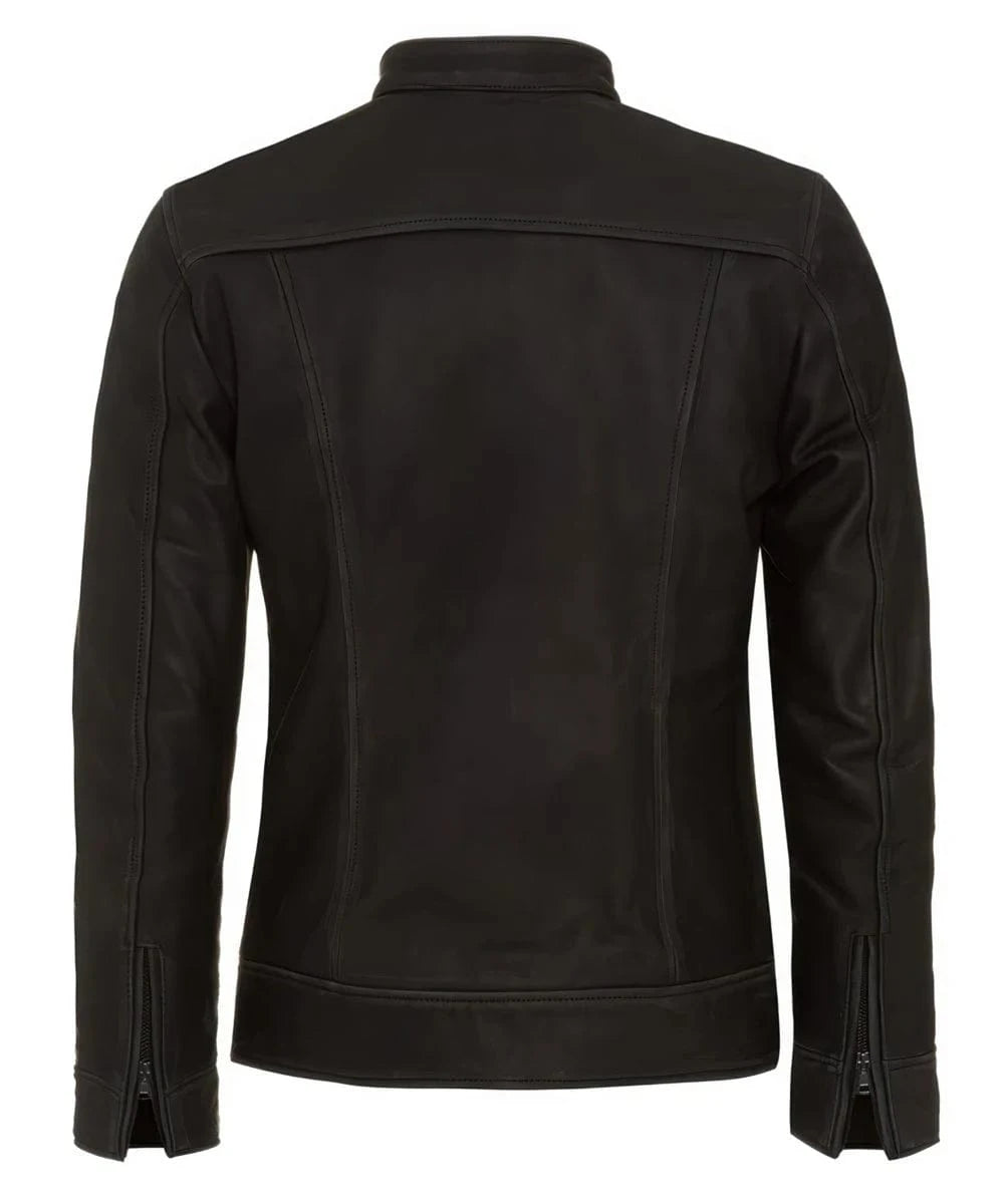 Back view of slim fit black calf leather cafe racer jacket with clean rear seam detailing and zip cuff accents