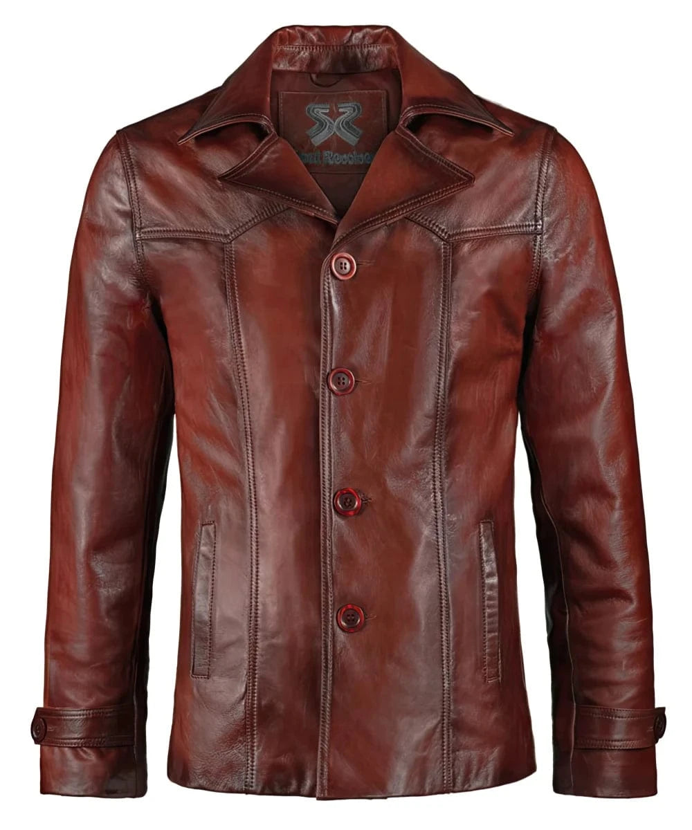 Vintage slim fit antique red leather jacket with retro lapel styling and tailored button front design