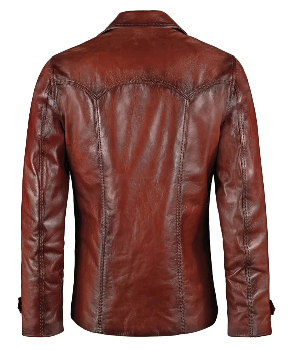Back view of vintage slim fit antique red leather jacket with western yoke seam detailing and tailored rear silhouette