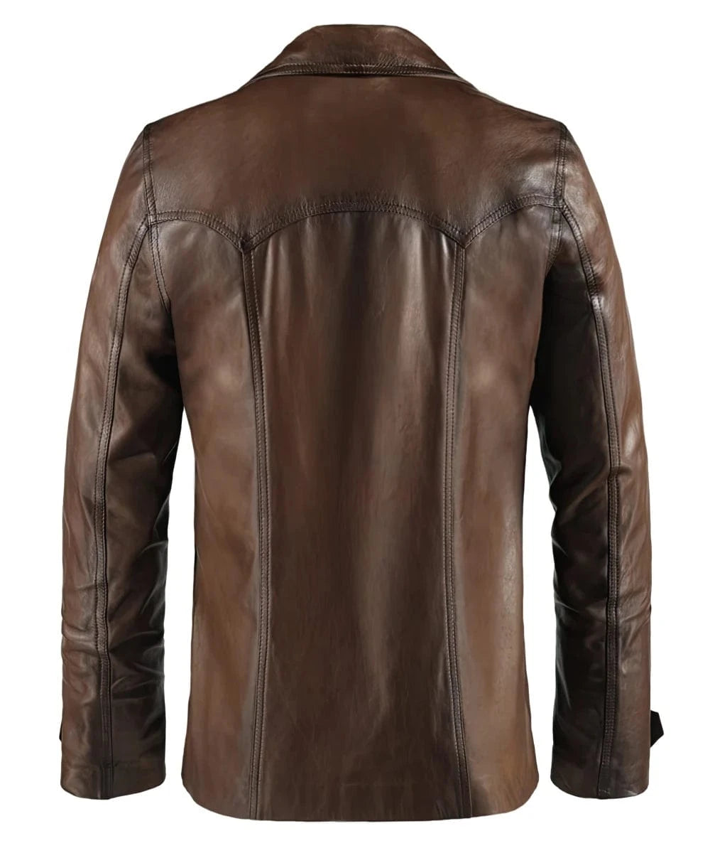 Back view of vintage slim fit brown leather jacket with western yoke seam detailing and tailored rear silhouette