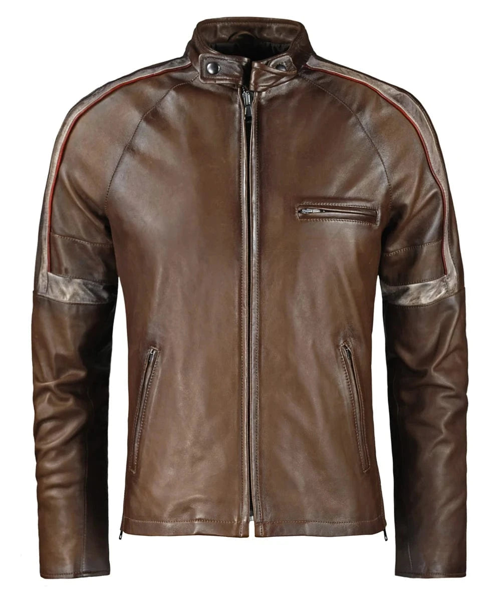 War of the Worlds brown leather cafe racer jacket with vintage stripe detailing