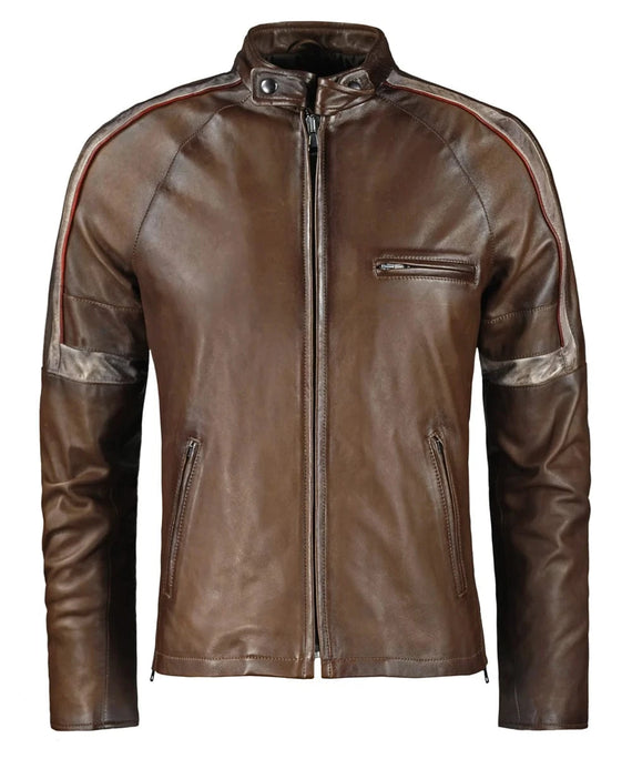 War of the Worlds brown leather cafe racer jacket with vintage stripe detailing