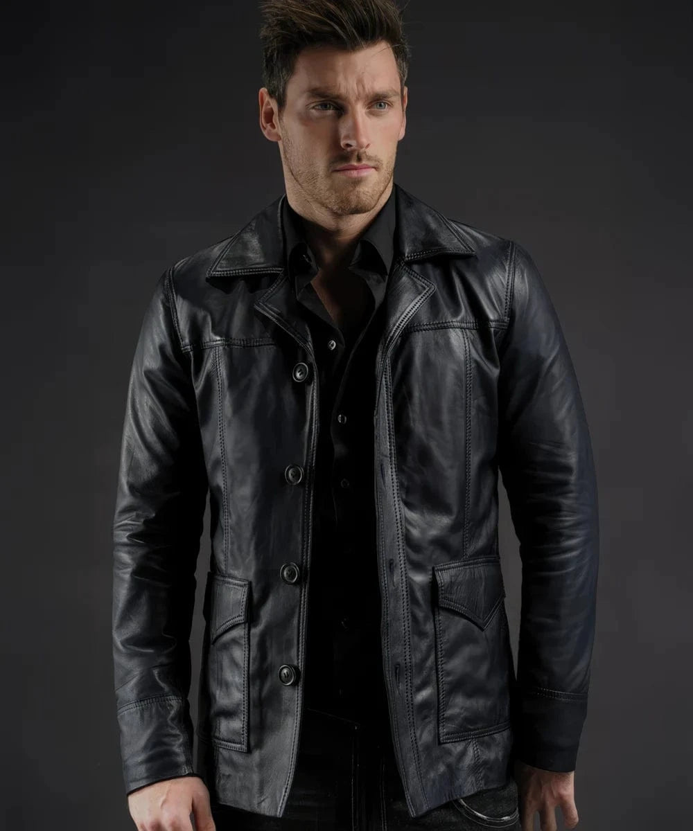 Model wearing vintage slim fit blue leather jacket with retro button front styling and classic 70s inspired lapels