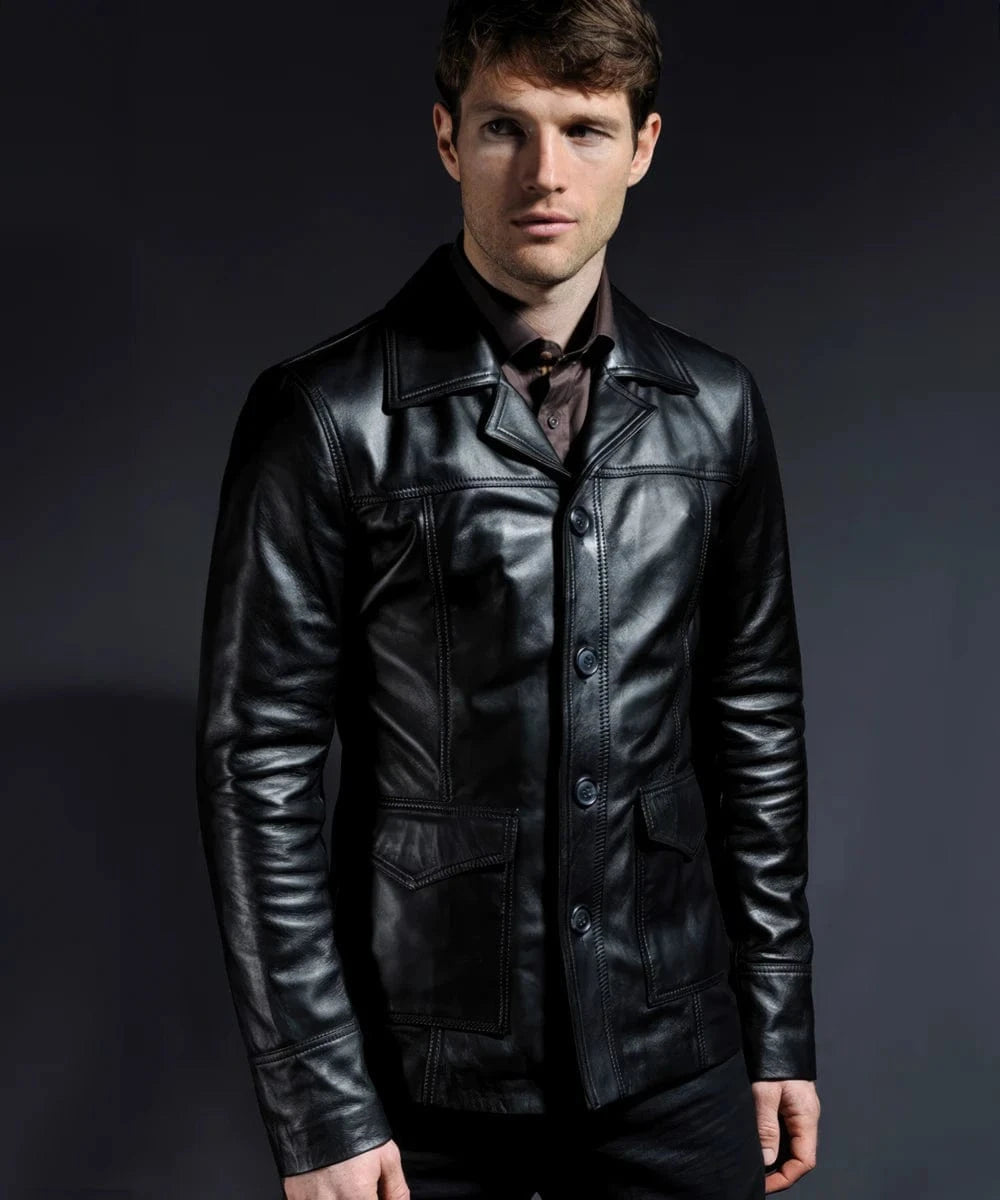 Model wearing vintage slim fit black leather jacket with retro button front styling and western seam detailing