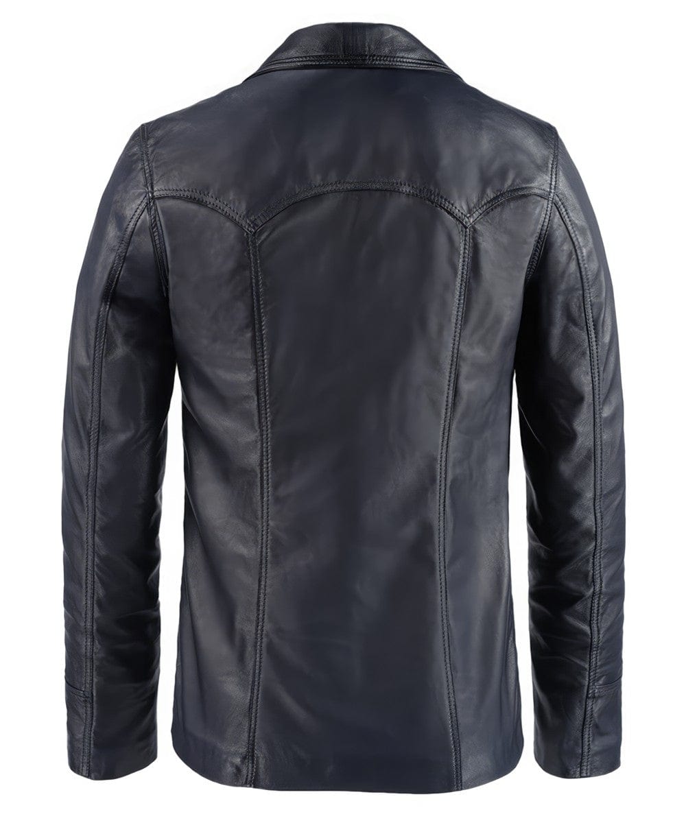 Back view of vintage slim fit blue leather jacket with western yoke seam detailing and clean rear silhouette