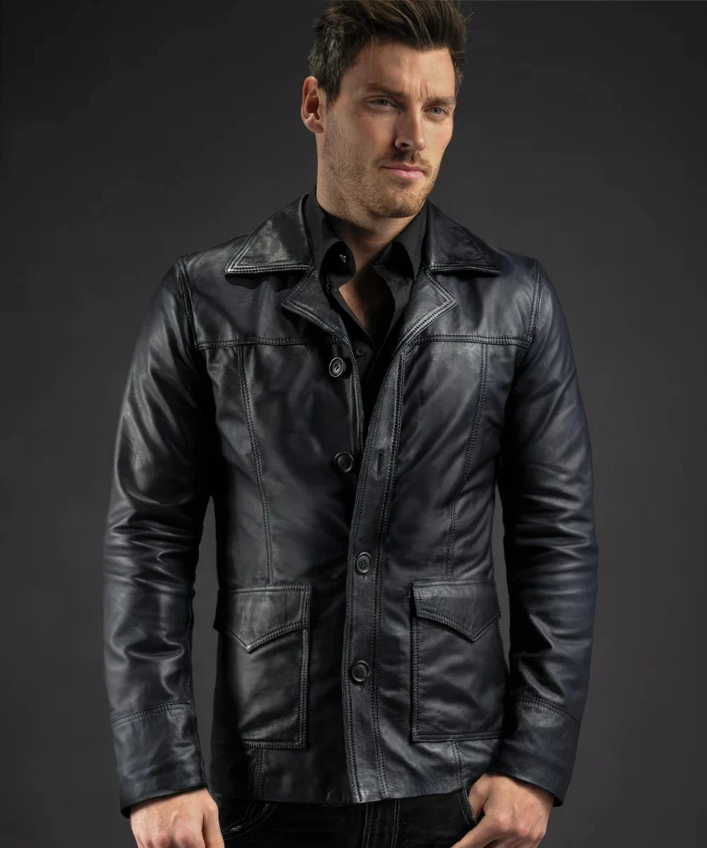 Model wearing vintage slim fit blue leather jacket with retro button front styling and western seam detailing