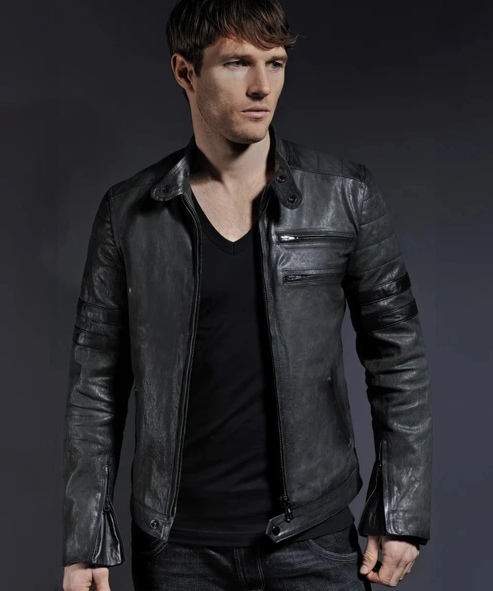 Model wearing vintage slim fit grey leather cafe racer jacket with biker inspired sleeve detailing and zip chest pockets