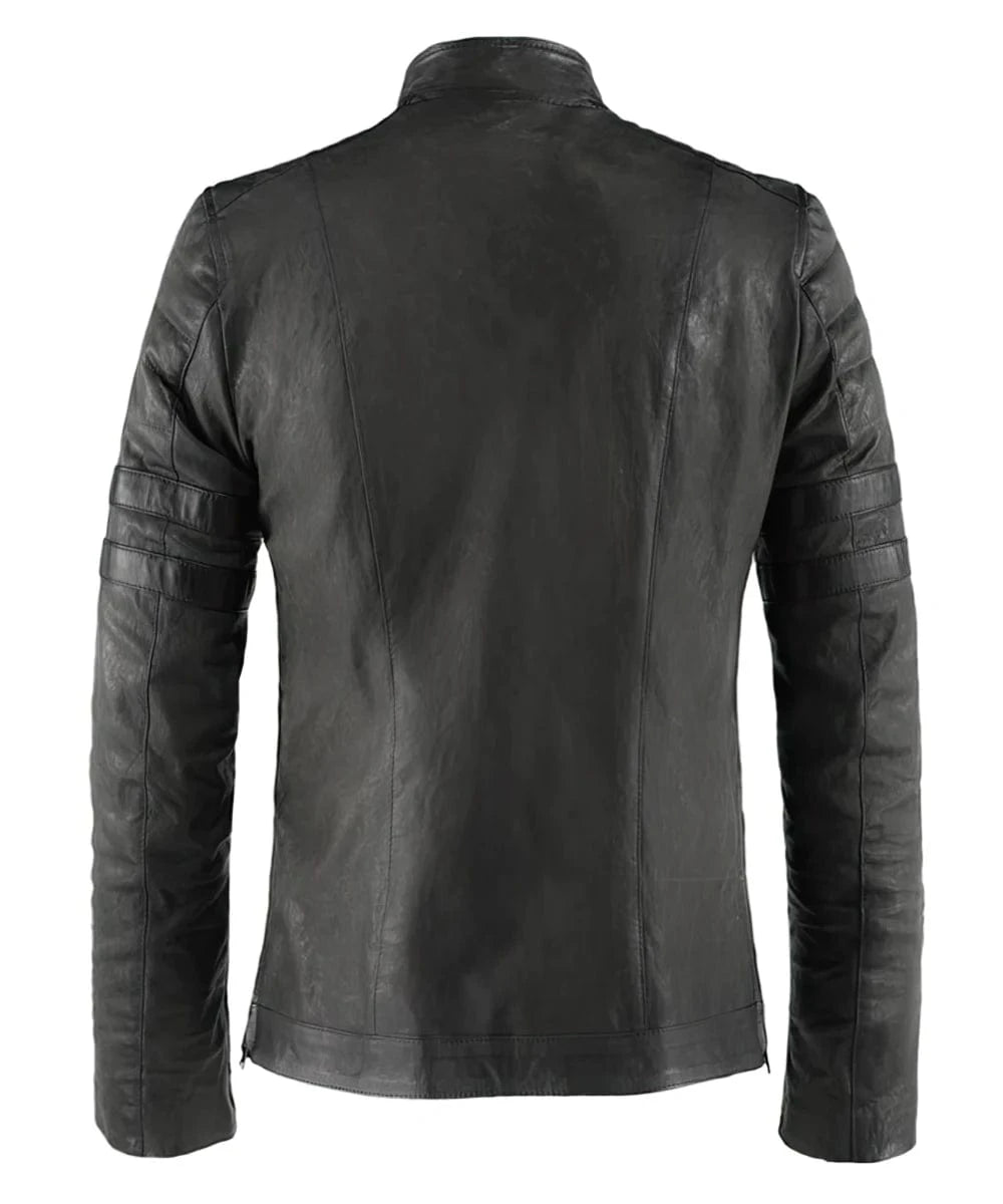 Back view of vintage slim fit grey leather cafe racer jacket with biker inspired sleeve detailing and clean rear silhouette
