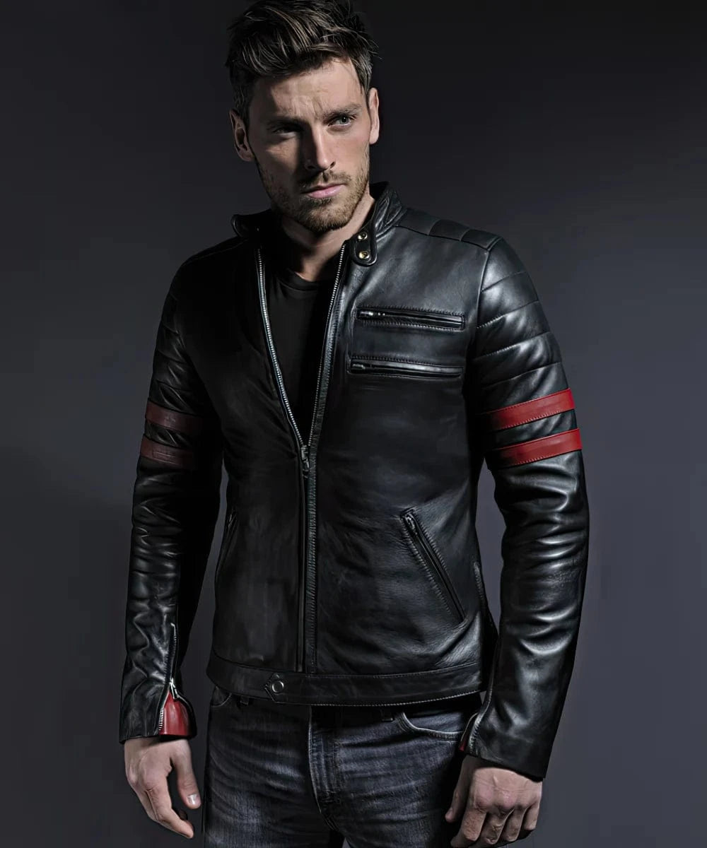 Model wearing vintage slim fit black leather cafe racer jacket with red stripe detailing and quilted shoulder panels
