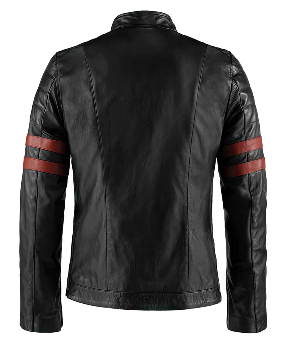 Back view of vintage slim fit black leather jacket with racer stripe detailing and clean cafe racer silhouette