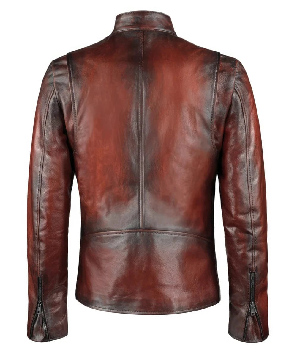 Vintage slim fit antique red leather jacket inspired by Iron Man movie styling, featuring a distressed hand-finished red and black leather effect, fitted waist, rear center seam detailing, and zip cuffs for a sleek biker silhouette.